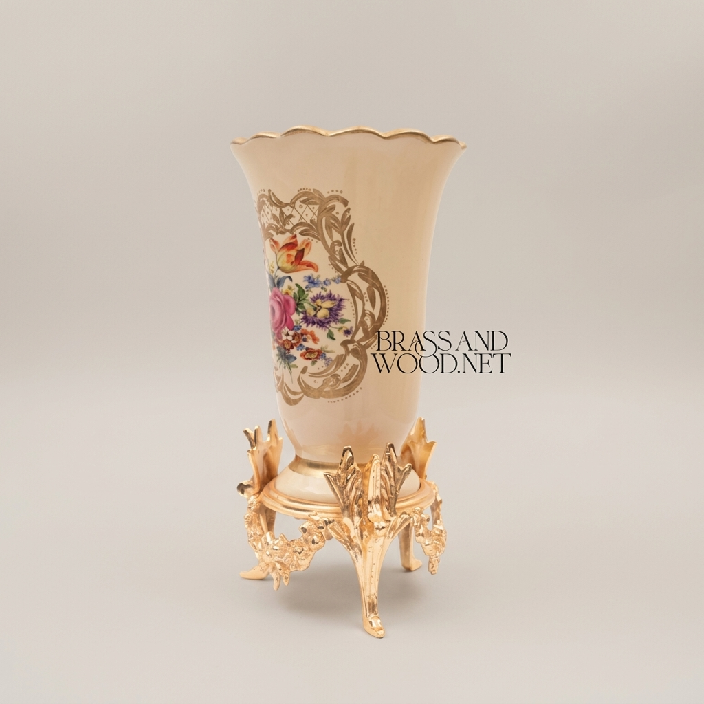 Rococo Hand-Painted Ceramic Trumpet Vase with Floral Bouquet & Ornate Brass Stand
