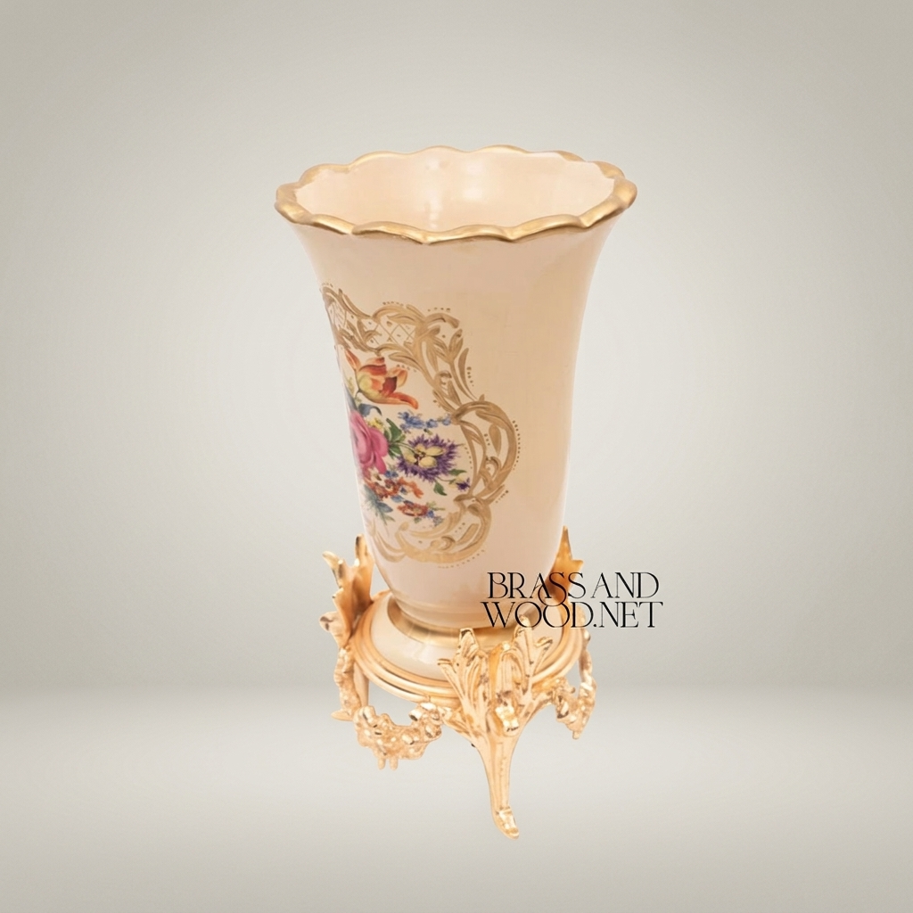 Rococo Hand-Painted Ceramic Trumpet Vase with Floral Bouquet & Ornate Brass Stand — Gold