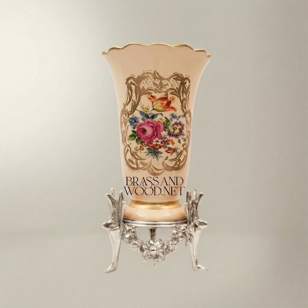 Rococo Hand-Painted Ceramic Trumpet Vase with Floral Bouquet & Ornate Brass Stand — Silver