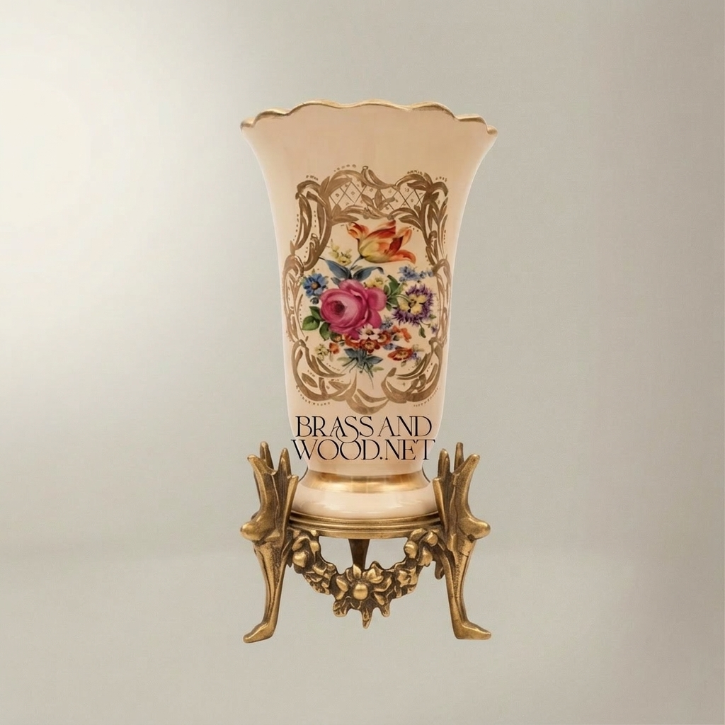 Rococo Hand-Painted Ceramic Trumpet Vase with Floral Bouquet & Ornate Brass Stand — Antique Gold