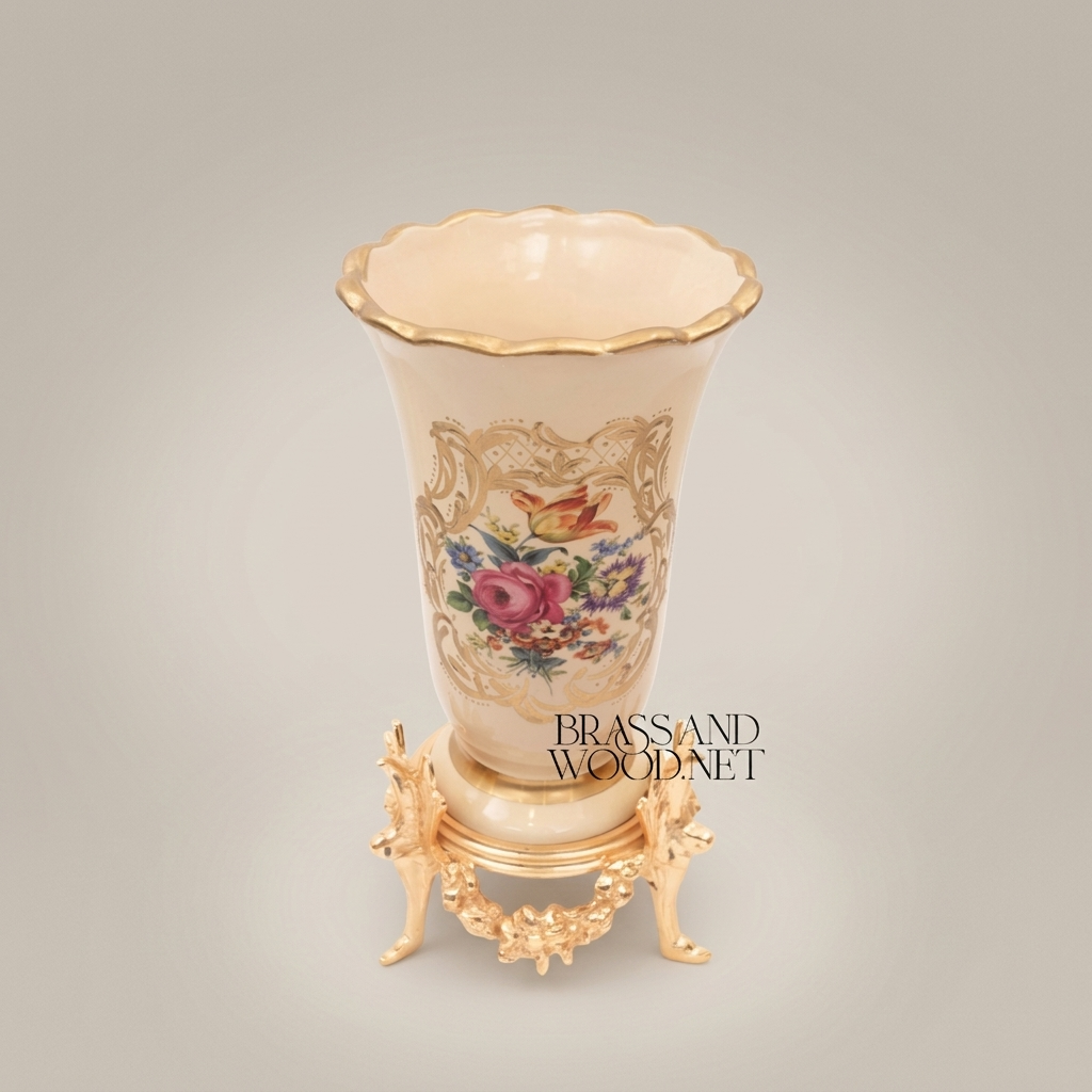 Rococo Hand-Painted Ceramic Trumpet Vase with Floral Bouquet & Ornate Brass Stand