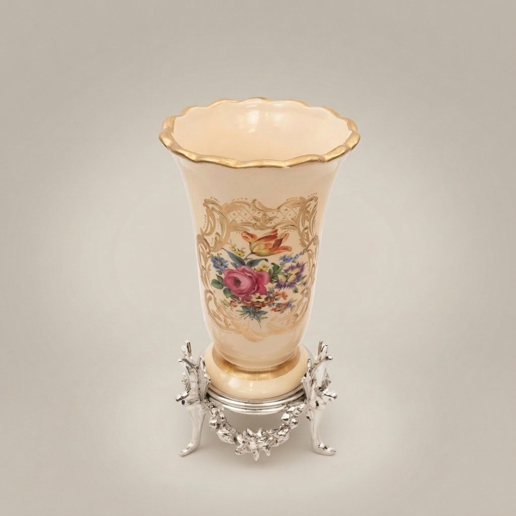 Rococo Hand-Painted Ceramic Trumpet Vase with Floral Bouquet & Ornate Brass Stand — Silver