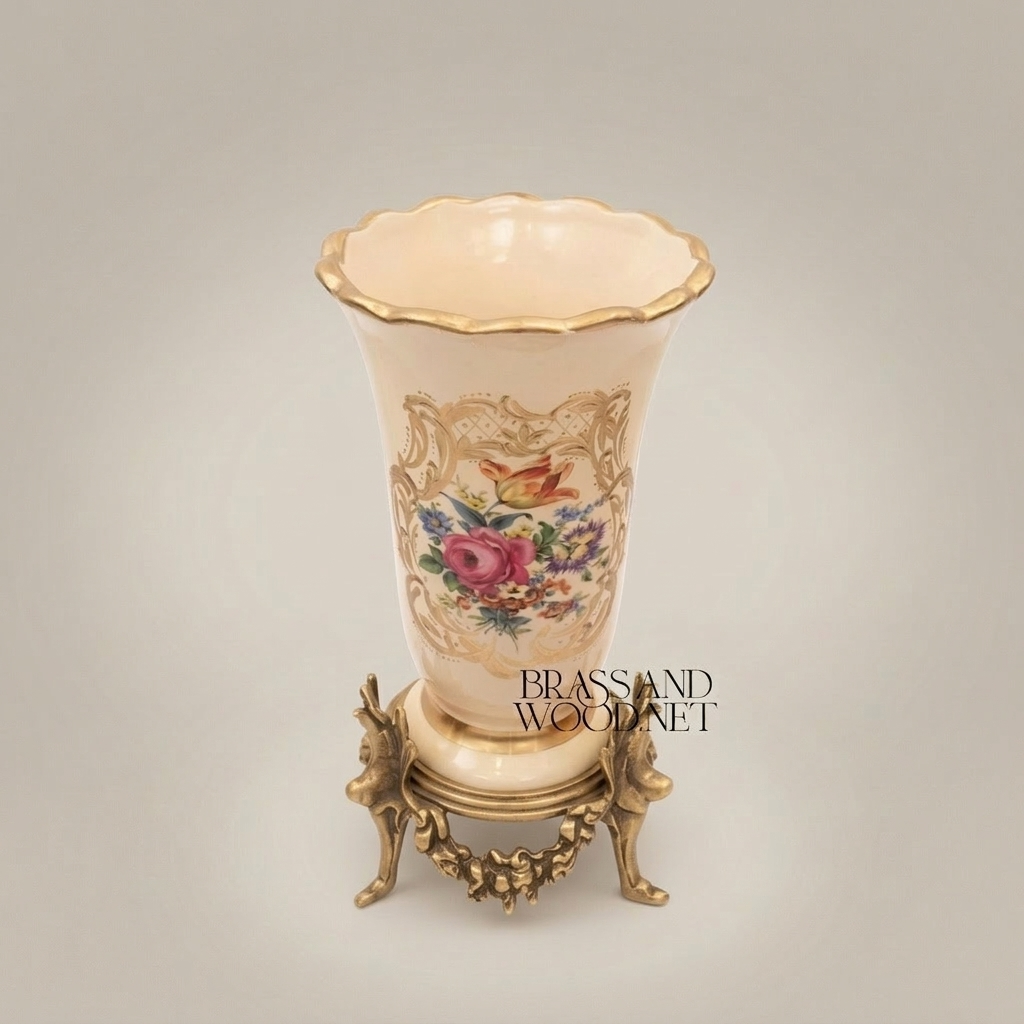 Rococo Hand-Painted Ceramic Trumpet Vase with Floral Bouquet & Ornate Brass Stand — Antique Gold