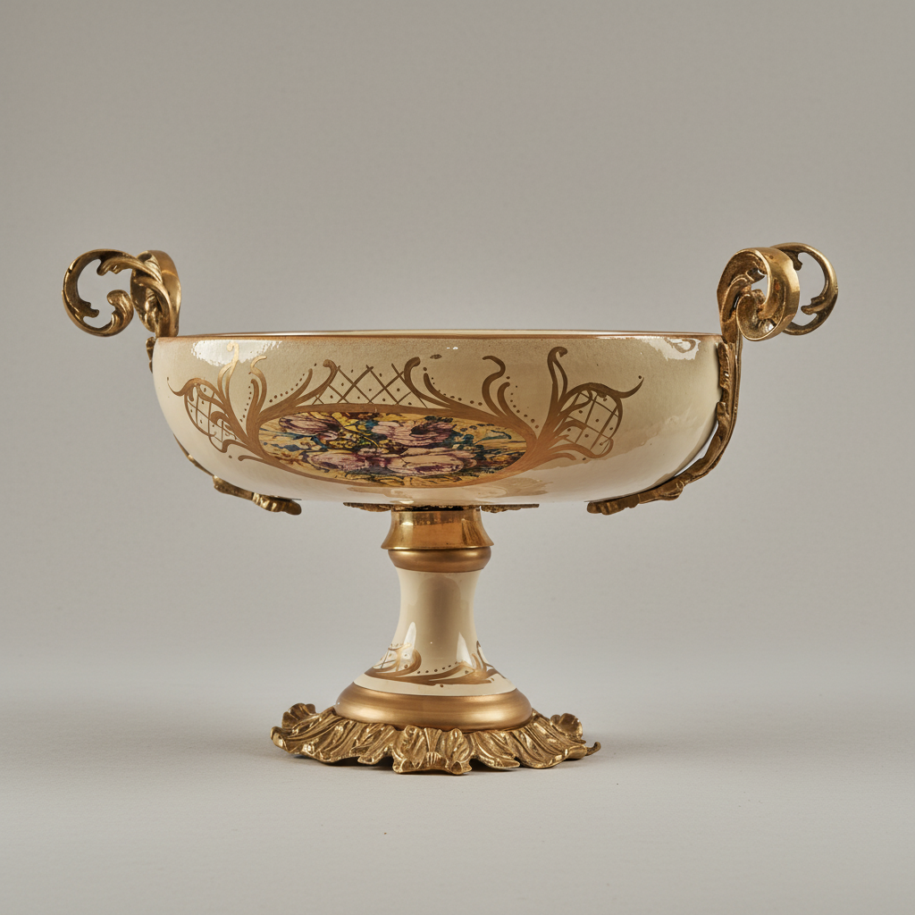 Rococo Hand-Painted Ceramic Urn & Centrepiece Set – Floral Medallion with Acanthus Brass Mounts — Antique Gold