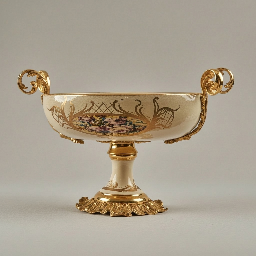 Rococo Hand-Painted Ceramic Urn & Centrepiece Set – Floral Medallion with Acanthus Brass Mounts
