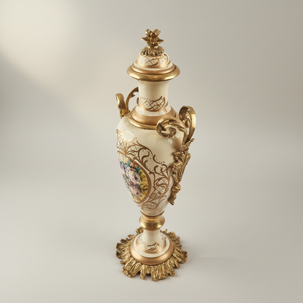 Rococo Hand-Painted Ceramic Urn & Centrepiece Set – Floral Medallion with Acanthus Brass Mounts — Antique Gold
