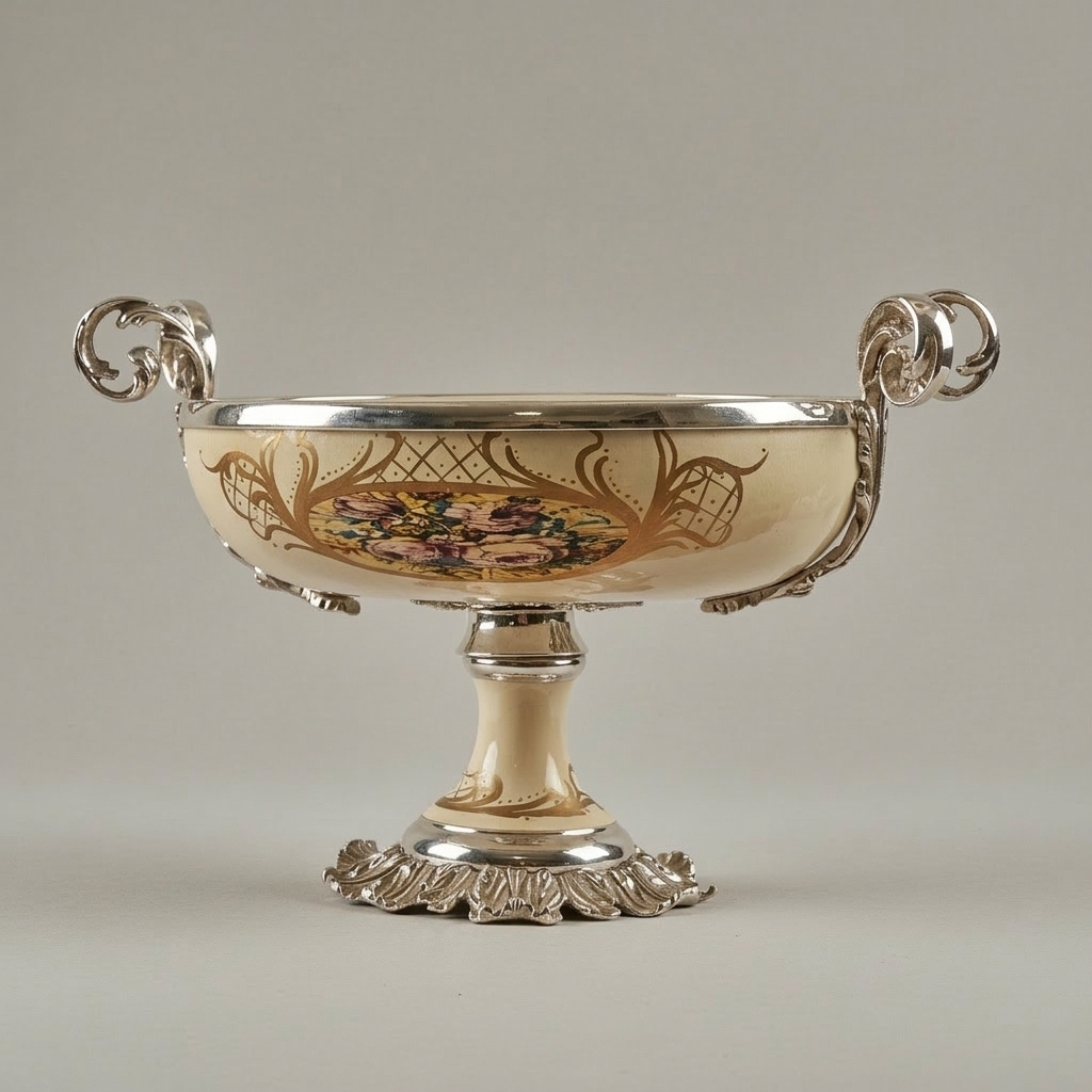 Rococo Hand-Painted Ceramic Urn & Centrepiece Set – Floral Medallion with Acanthus Brass Mounts — Silver