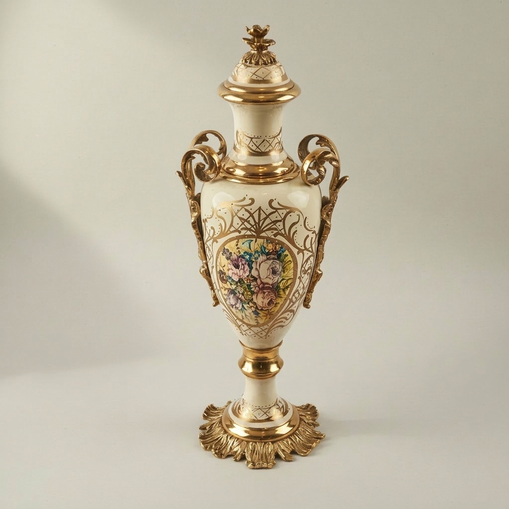 Rococo Hand-Painted Ceramic Urn & Centrepiece Set – Floral Medallion with Acanthus Brass Mounts — Gold
