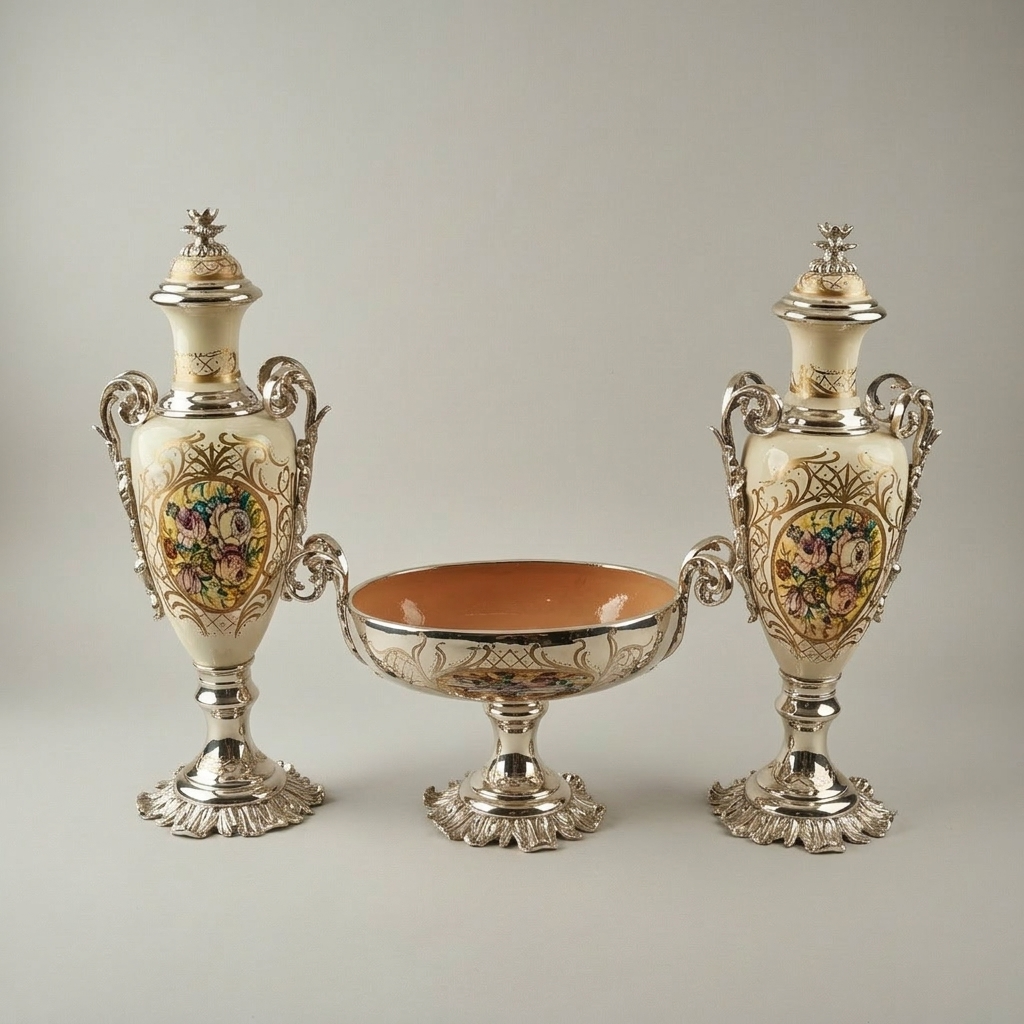 Rococo Hand-Painted Ceramic Urn & Centrepiece Set – Floral Medallion with Acanthus Brass Mounts — Silver