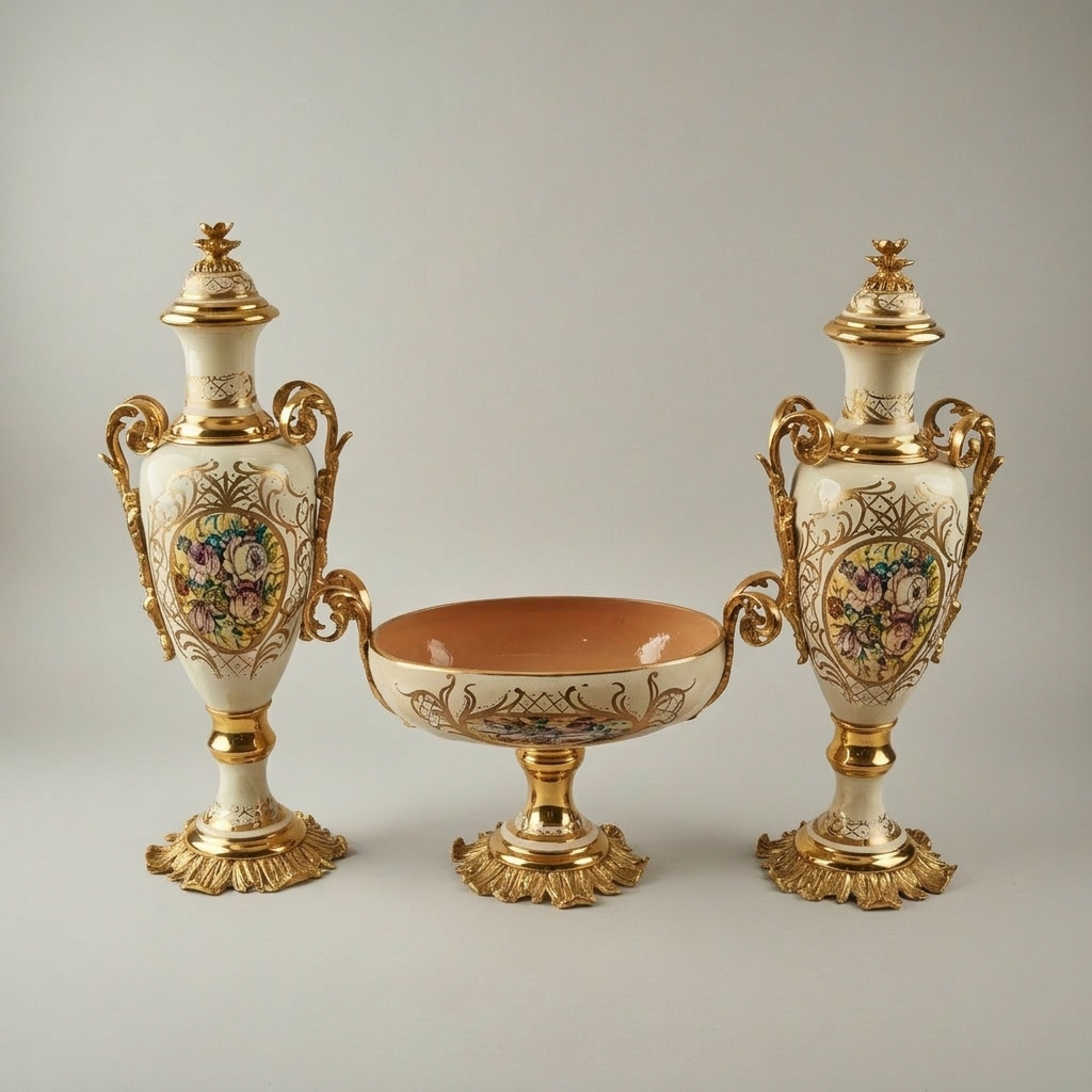 Rococo Hand-Painted Ceramic Urn & Centrepiece Set – Floral Medallion with Acanthus Brass Mounts — Gold