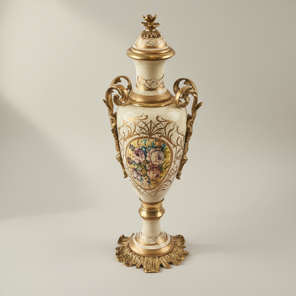 Rococo Hand-Painted Ceramic Urn & Centrepiece Set – Floral Medallion with Acanthus Brass Mounts — Antique Gold