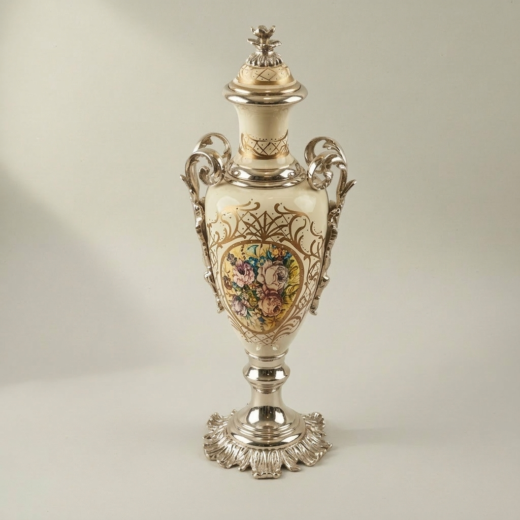 Rococo Hand-Painted Ceramic Urn & Centrepiece Set – Floral Medallion with Acanthus Brass Mounts — Silver