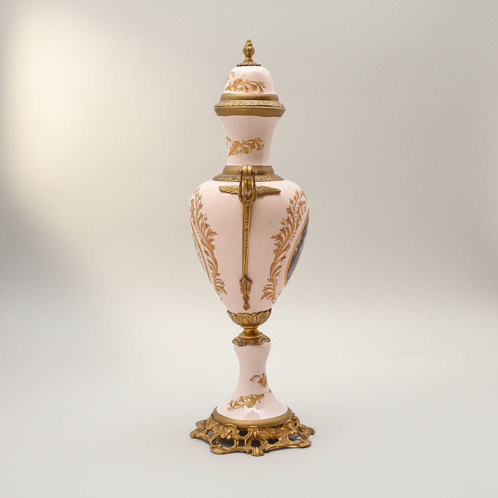 Rococo Hand-Painted Ceramic Vase & Tazza 3-Piece Set with Ormolu-Style Mounts and Landscape Medallions — Antique Gold