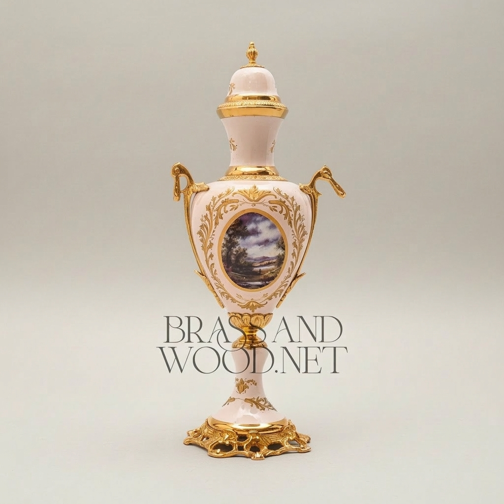 Rococo Hand-Painted Ceramic Vase & Tazza 3-Piece Set with Ormolu-Style Mounts and Landscape Medallions — Gold