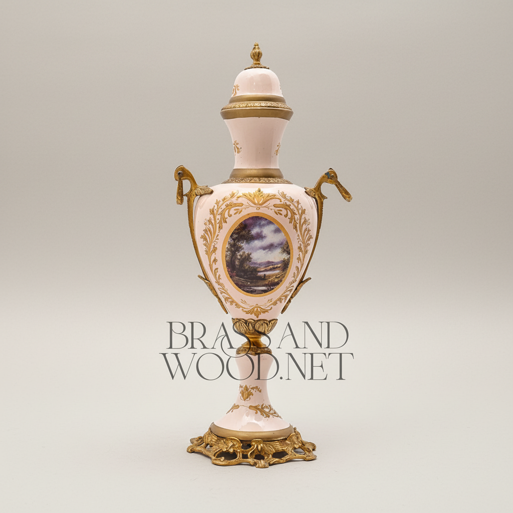 Rococo Hand-Painted Ceramic Vase & Tazza 3-Piece Set with Ormolu-Style Mounts and Landscape Medallions — Antique Gold