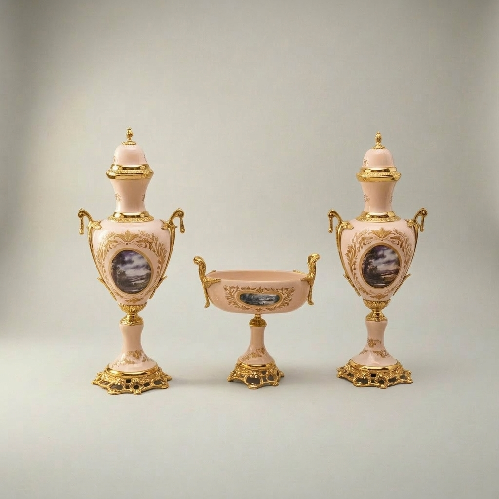 Rococo Hand-Painted Ceramic Vase & Tazza 3-Piece Set with Ormolu-Style Mounts and Landscape Medallions