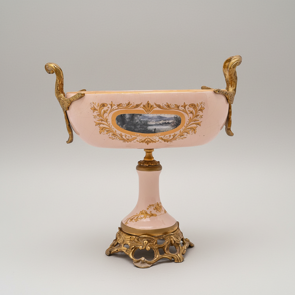 Rococo Hand-Painted Ceramic Vase & Tazza 3-Piece Set with Ormolu-Style Mounts and Landscape Medallions — Antique Gold
