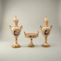 Rococo Hand-Painted Ceramic Vase & Tazza 3-Piece Set with Ormolu-Style Mounts and Landscape Medallions — Gold