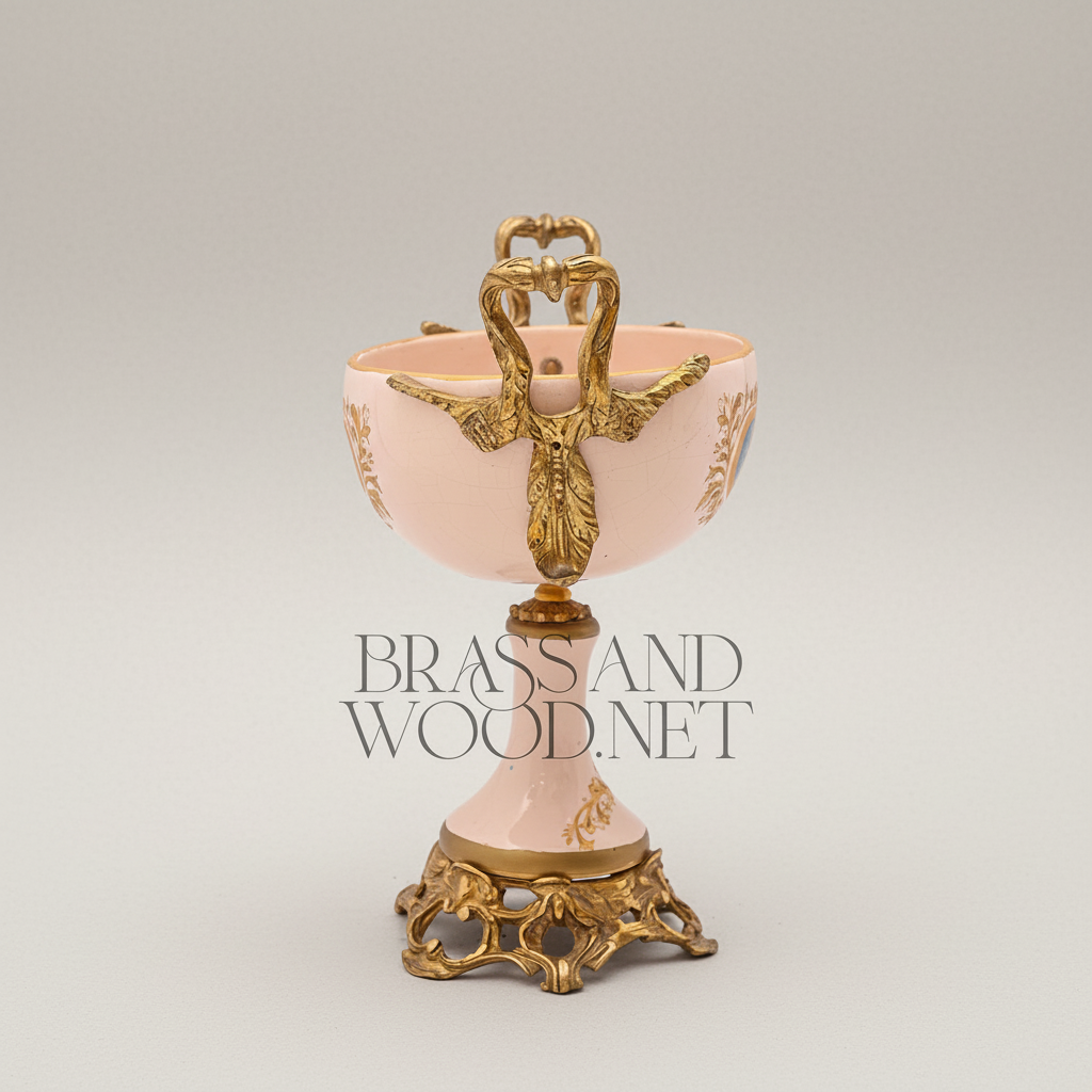 Rococo Hand-Painted Ceramic Vase & Tazza 3-Piece Set with Ormolu-Style Mounts and Landscape Medallions — Antique Gold