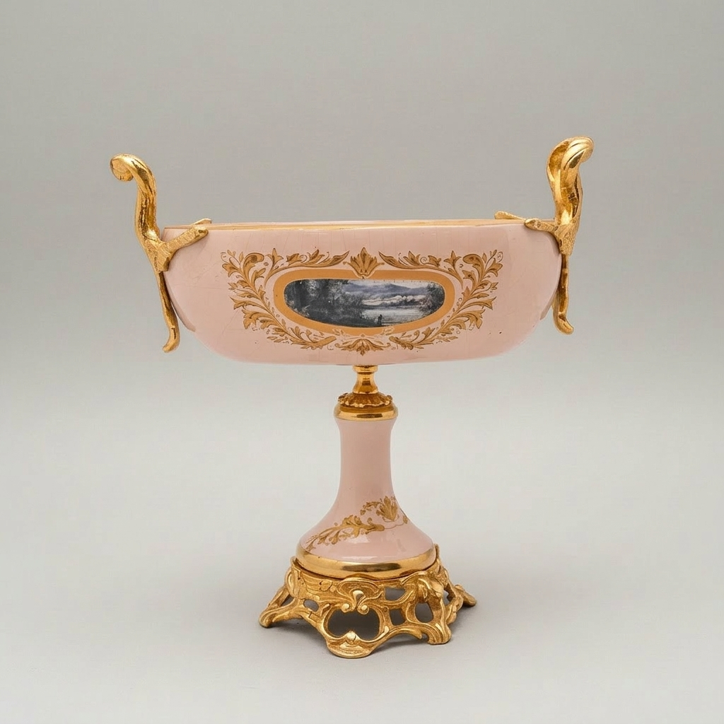 Rococo Hand-Painted Ceramic Vase & Tazza 3-Piece Set with Ormolu-Style Mounts and Landscape Medallions
