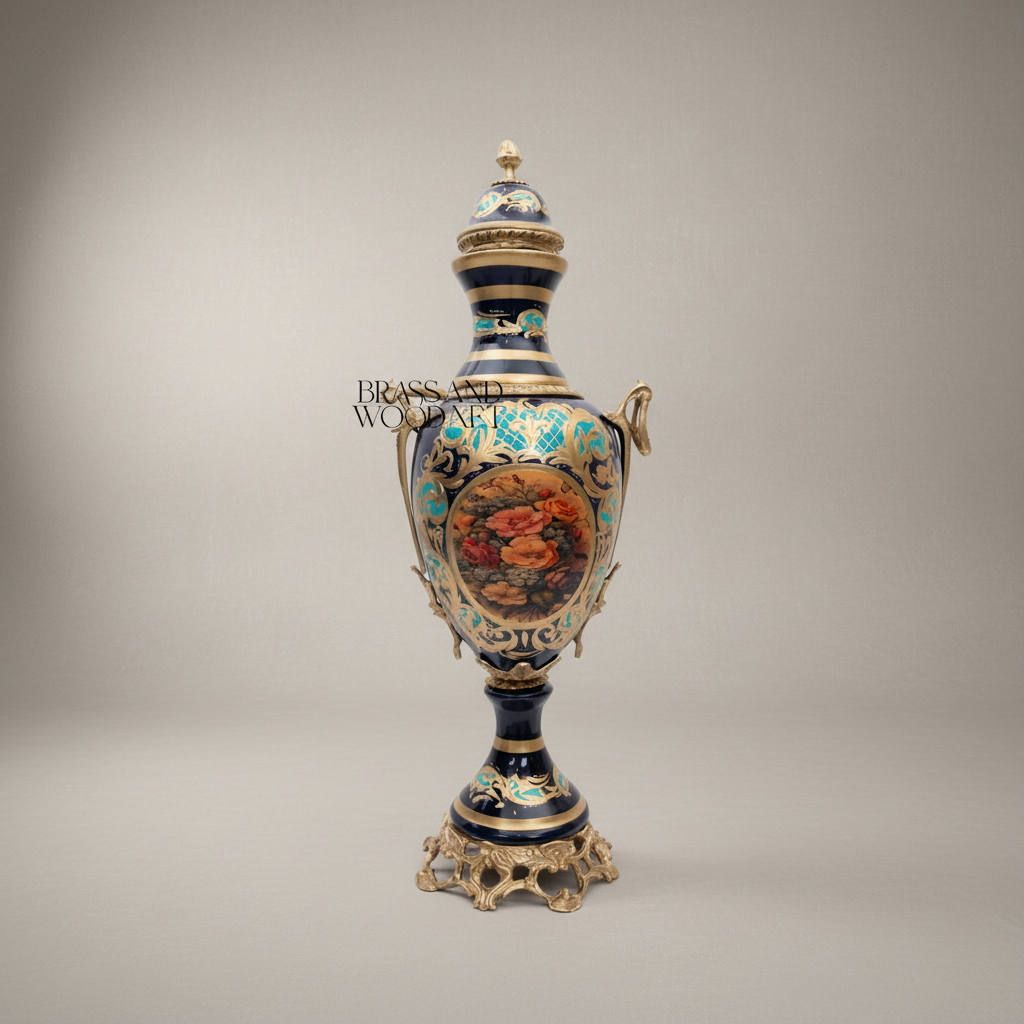 Rococo Hand-Painted Cobalt Ceramic Garniture Set with Brass Mounts – Floral Medallion Urns & Coupe — Antique Gold