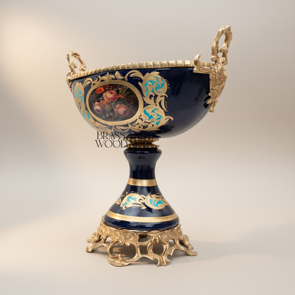 Rococo Hand-Painted Cobalt Ceramic Garniture Set with Brass Mounts – Floral Medallion Urns & Coupe — Antique Gold