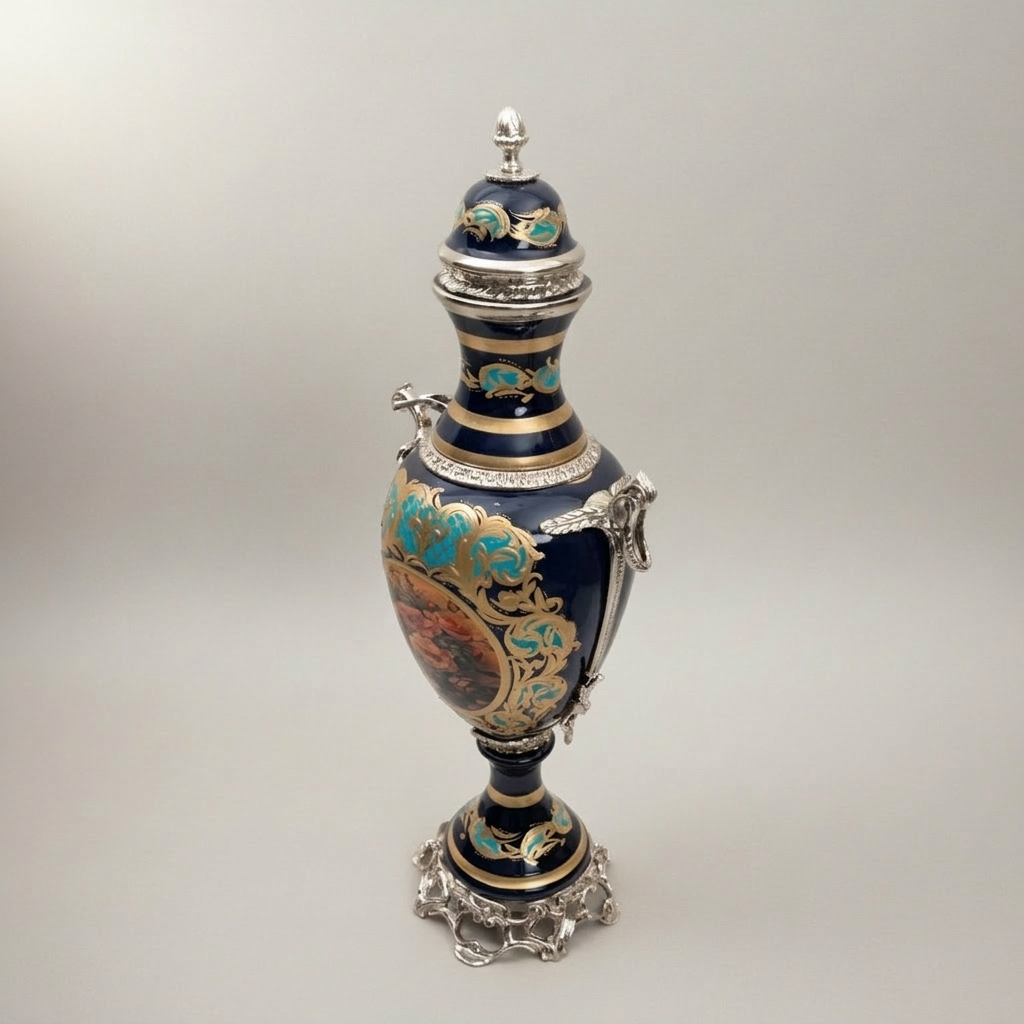Rococo Hand-Painted Cobalt Ceramic Garniture Set with Brass Mounts – Floral Medallion Urns & Coupe — Silver