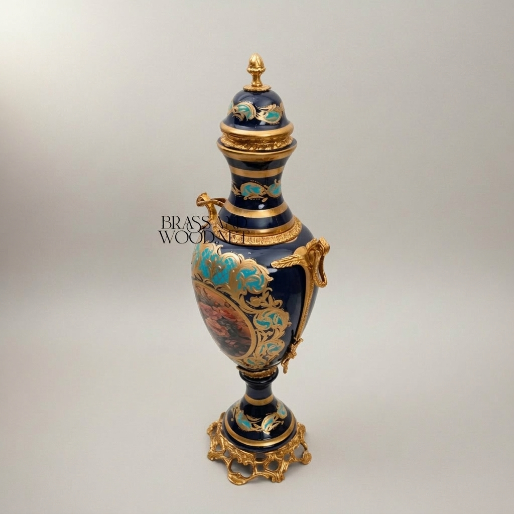 Rococo Hand-Painted Cobalt Ceramic Garniture Set with Brass Mounts – Floral Medallion Urns & Coupe