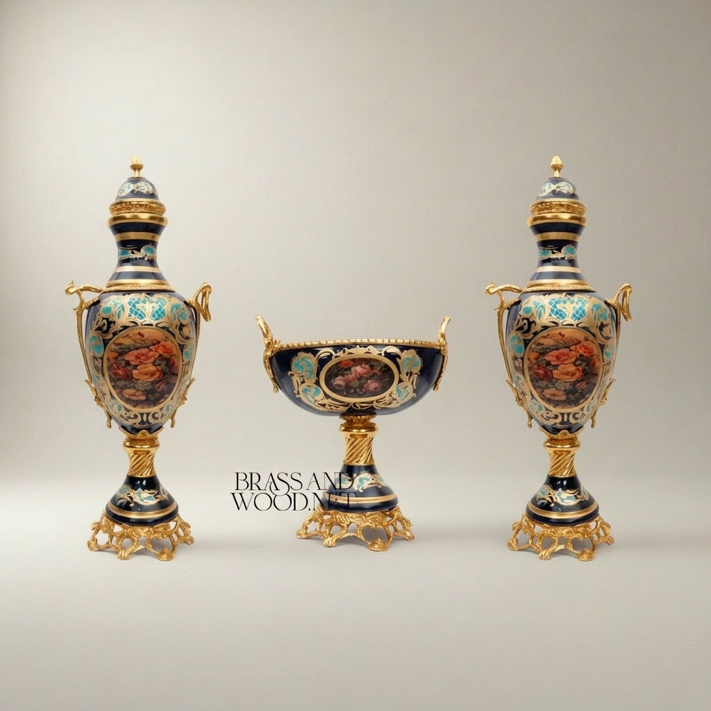 Rococo Hand-Painted Cobalt Ceramic Garniture Set with Brass Mounts – Floral Medallion Urns & Coupe