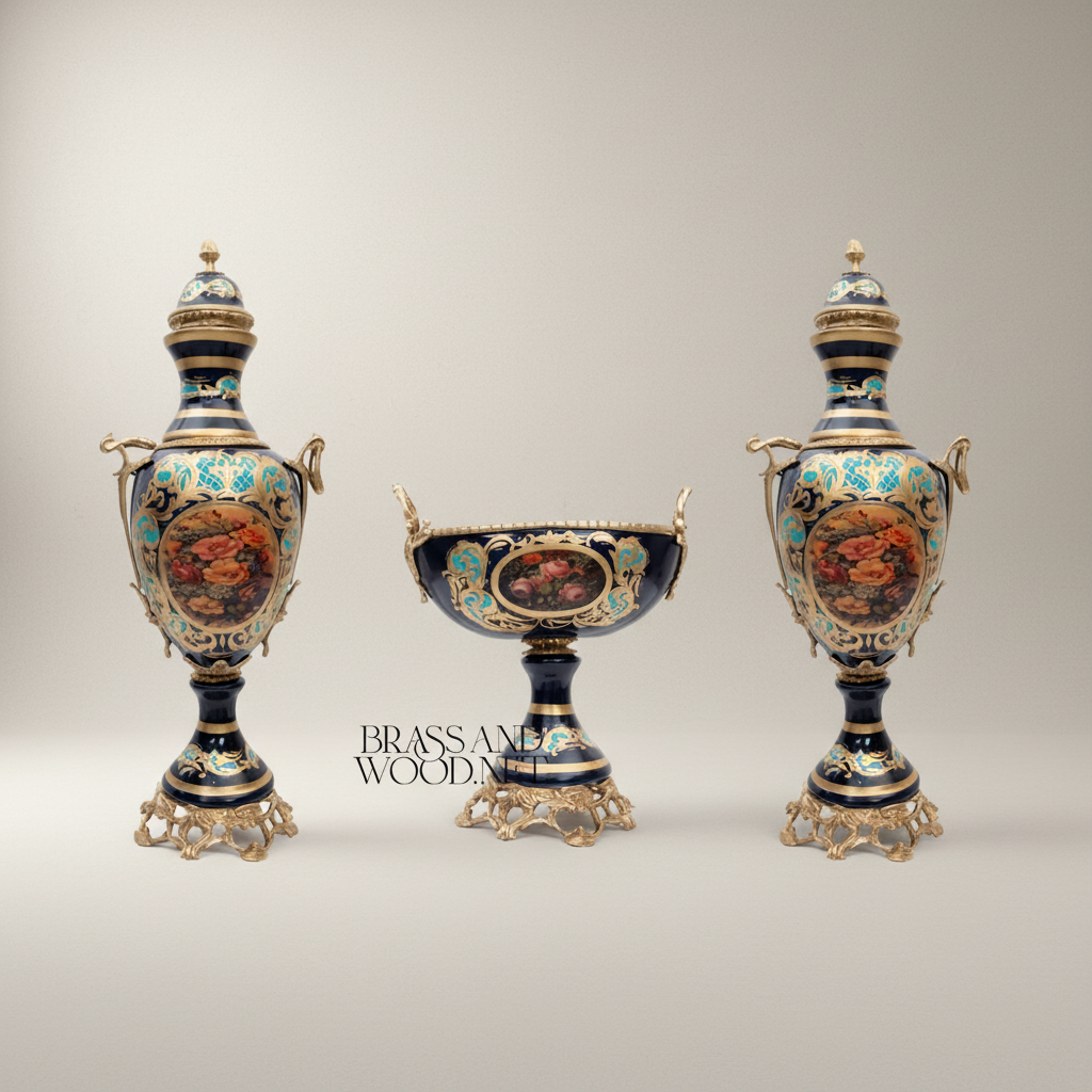 Rococo Hand-Painted Cobalt Ceramic Garniture Set with Brass Mounts – Floral Medallion Urns & Coupe — Antique Gold