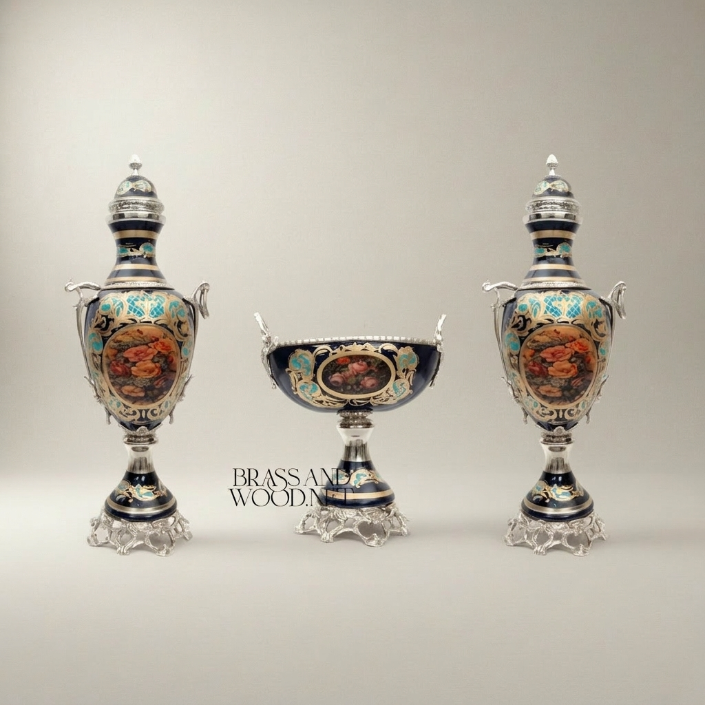 Rococo Hand-Painted Cobalt Ceramic Garniture Set with Brass Mounts – Floral Medallion Urns & Coupe — Silver
