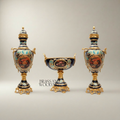Rococo Hand-Painted Cobalt Ceramic Garniture Set with Brass Mounts – Floral Medallion Urns & Coupe — Gold
