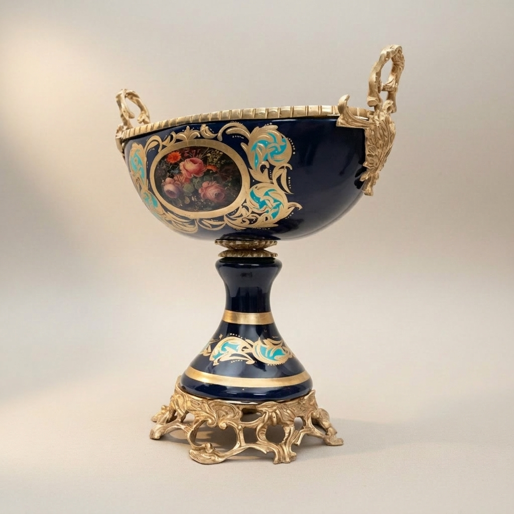 Rococo Hand-Painted Cobalt Ceramic Garniture Set with Brass Mounts – Floral Medallion Urns & Coupe — Gold