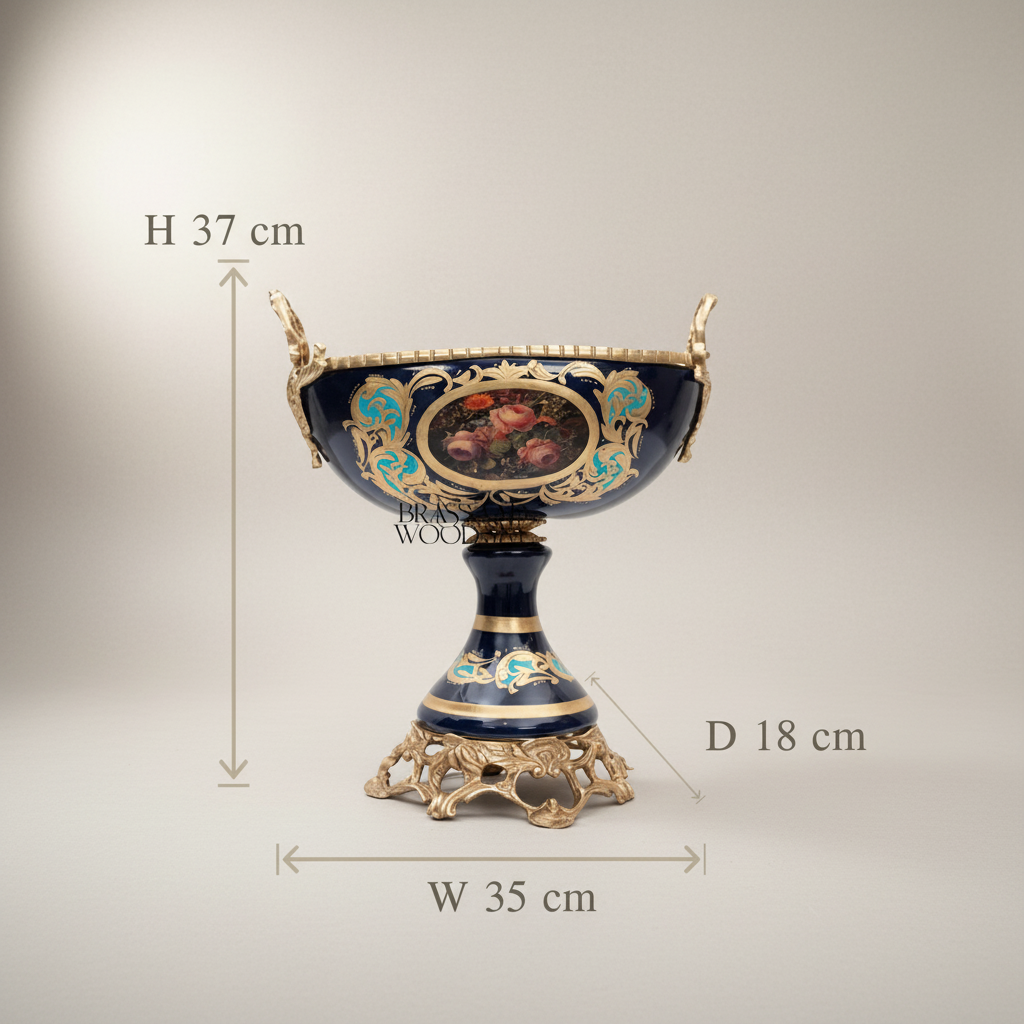 Rococo Hand-Painted Cobalt Ceramic Garniture Set with Brass Mounts – Floral Medallion Urns & Coupe — Antique Gold