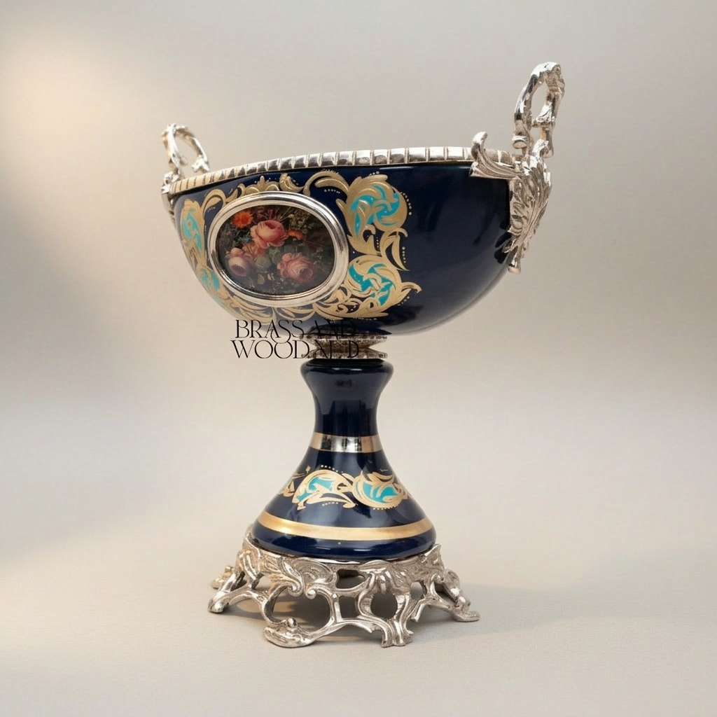 Rococo Hand-Painted Cobalt Ceramic Garniture Set with Brass Mounts – Floral Medallion Urns & Coupe — Silver