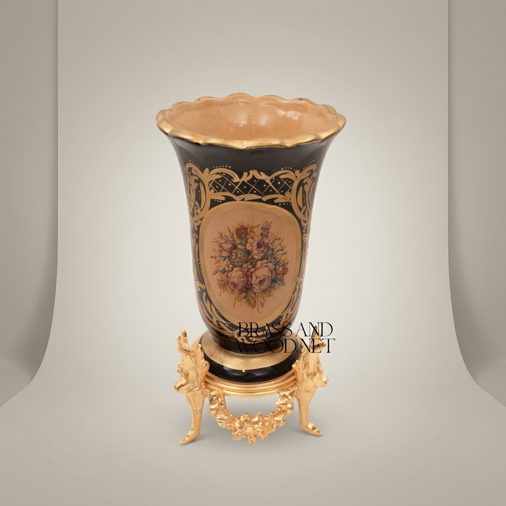 Rococo Hand-Painted Cobalt Ceramic Vase on Ornate Brass Stand with Floral Medallion