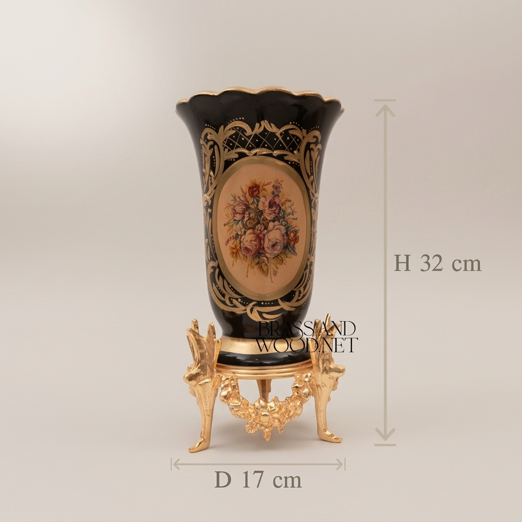 Rococo Hand-Painted Cobalt Ceramic Vase on Ornate Brass Stand with Floral Medallion