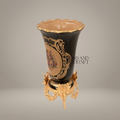 Rococo Hand-Painted Cobalt Ceramic Vase on Ornate Brass Stand with Floral Medallion — Gold