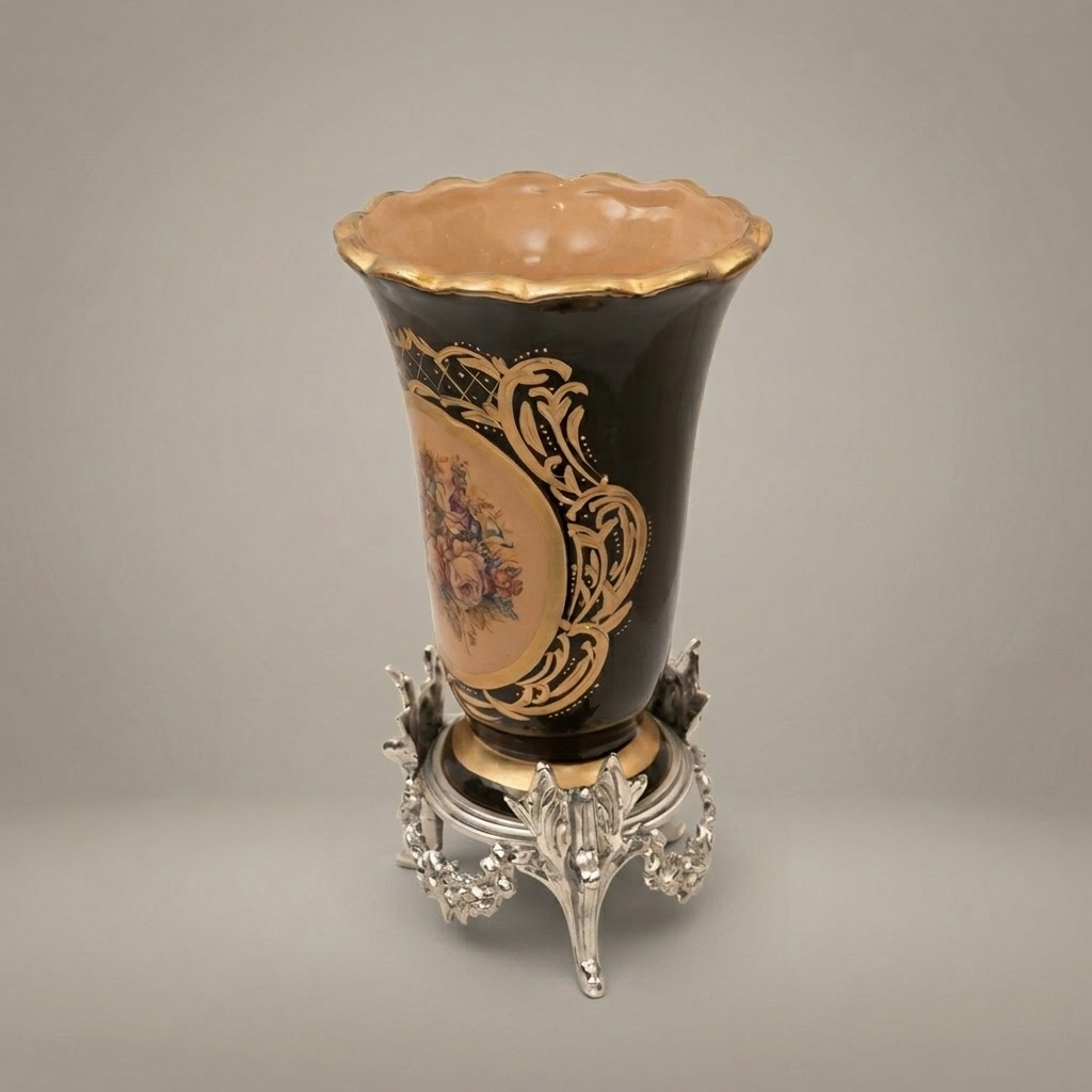 Rococo Hand-Painted Cobalt Ceramic Vase on Ornate Brass Stand with Floral Medallion — Silver