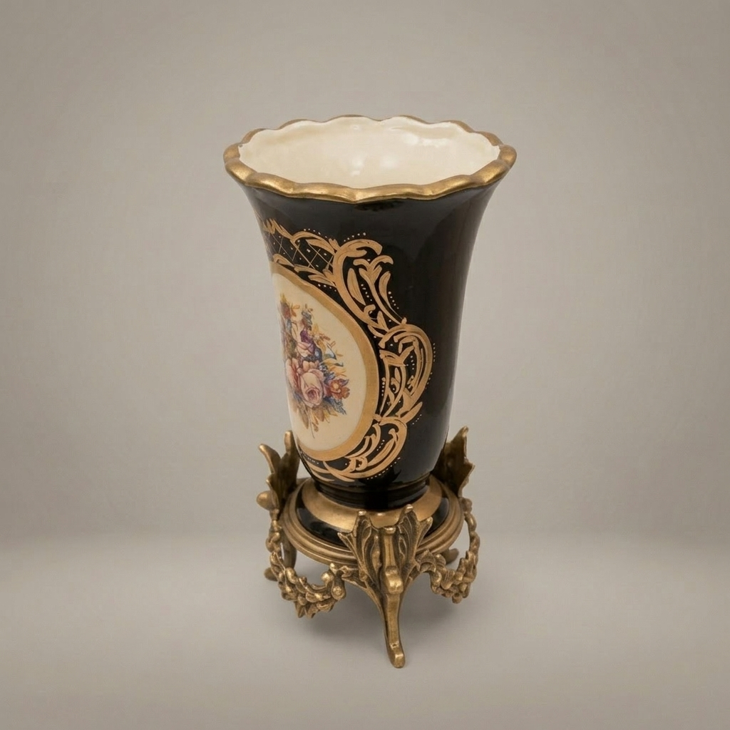 Rococo Hand-Painted Cobalt Ceramic Vase on Ornate Brass Stand with Floral Medallion — Antique Gold