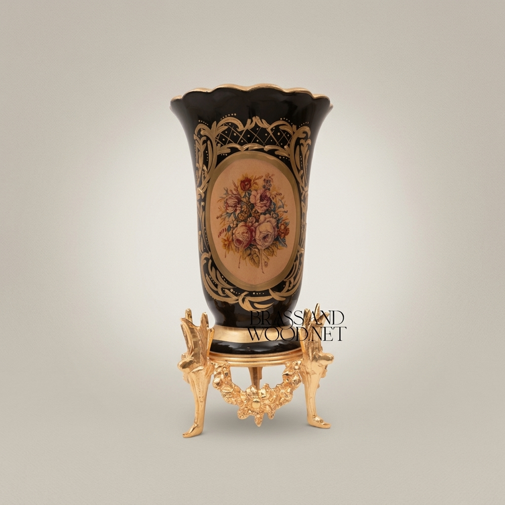 Rococo Hand-Painted Cobalt Ceramic Vase on Ornate Brass Stand with Floral Medallion — Gold