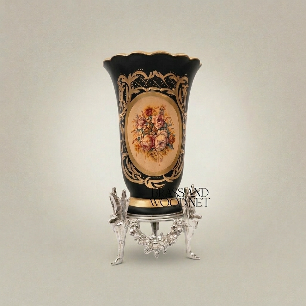 Rococo Hand-Painted Cobalt Ceramic Vase on Ornate Brass Stand with Floral Medallion — Silver