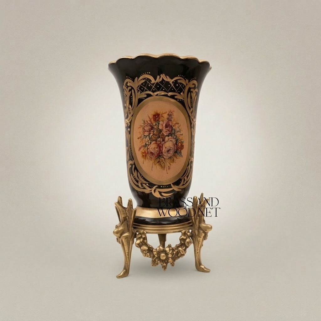 Rococo Hand-Painted Cobalt Ceramic Vase on Ornate Brass Stand with Floral Medallion — Antique Gold