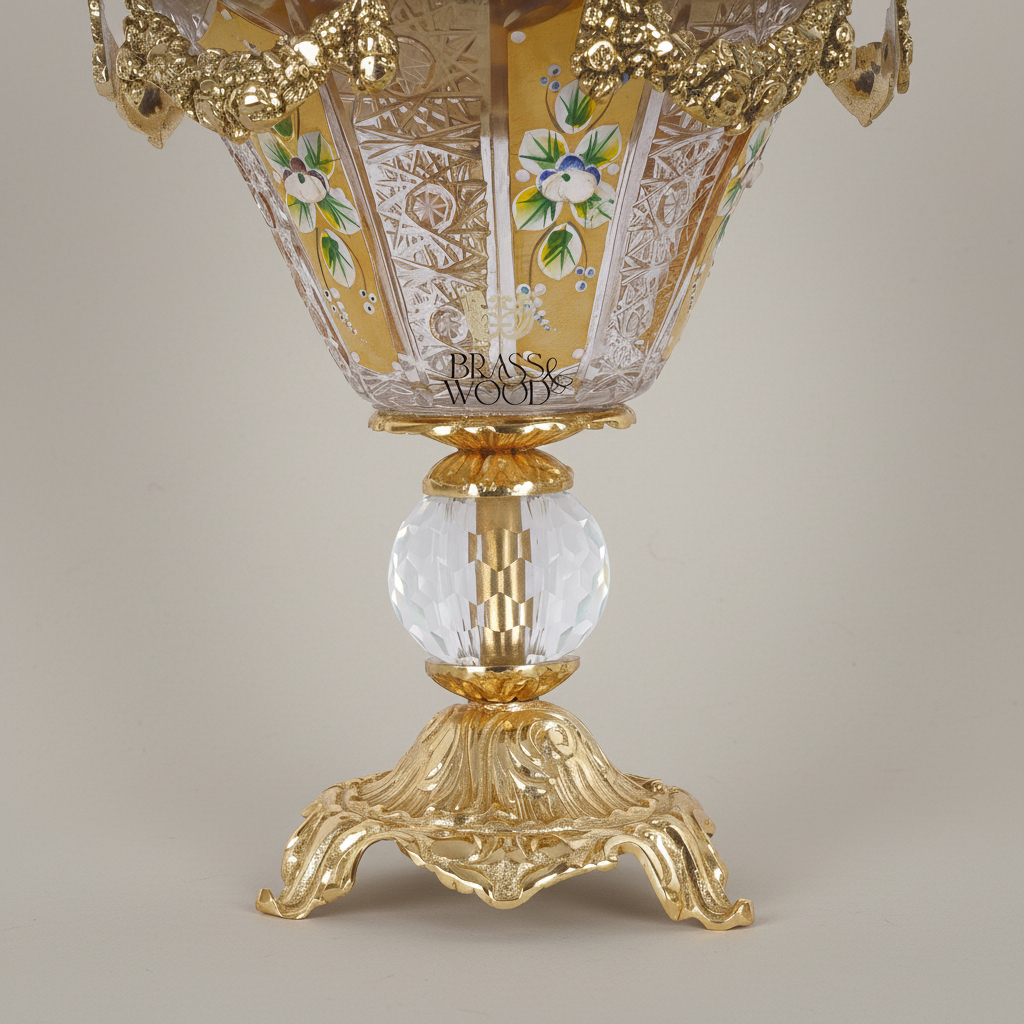Rococo Hand-Painted Crystal Incense Burner with Floral Swag & Ornate Brass Pedestal