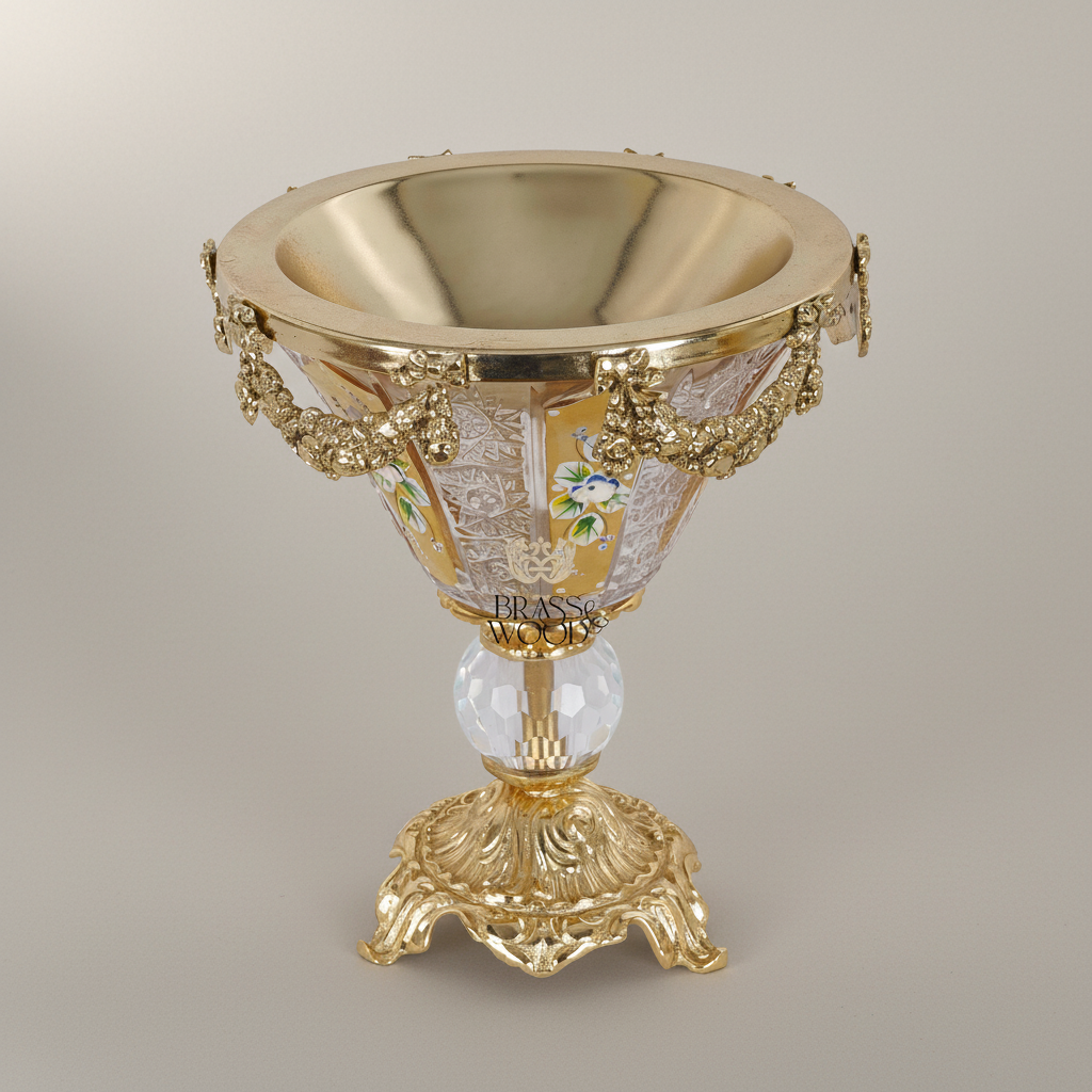 Rococo Hand-Painted Crystal Incense Burner with Floral Swag & Ornate Brass Pedestal — Gold