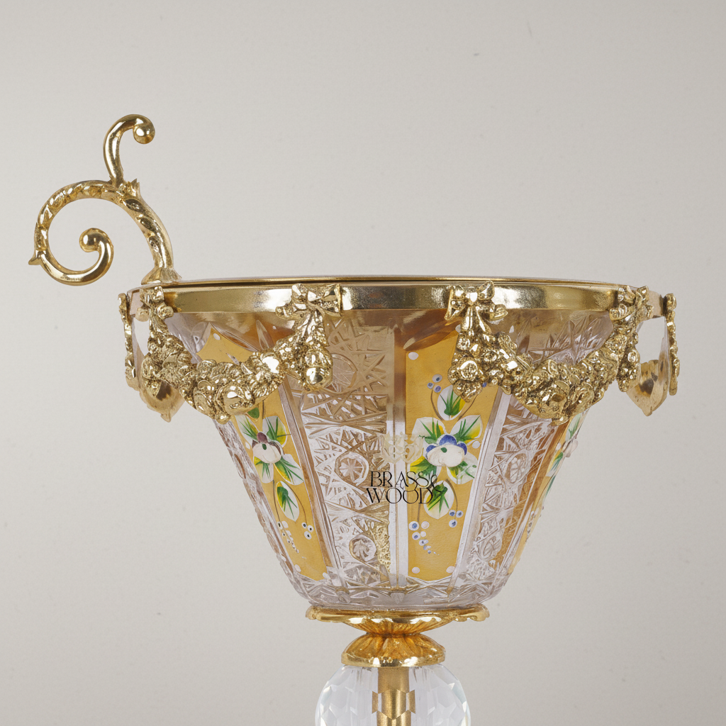 Rococo Hand-Painted Crystal Incense Burner with Floral Swag & Ornate Brass Pedestal — Gold