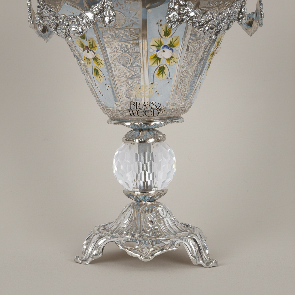 Rococo Hand-Painted Crystal Incense Burner with Floral Swag & Ornate Brass Pedestal — Silver