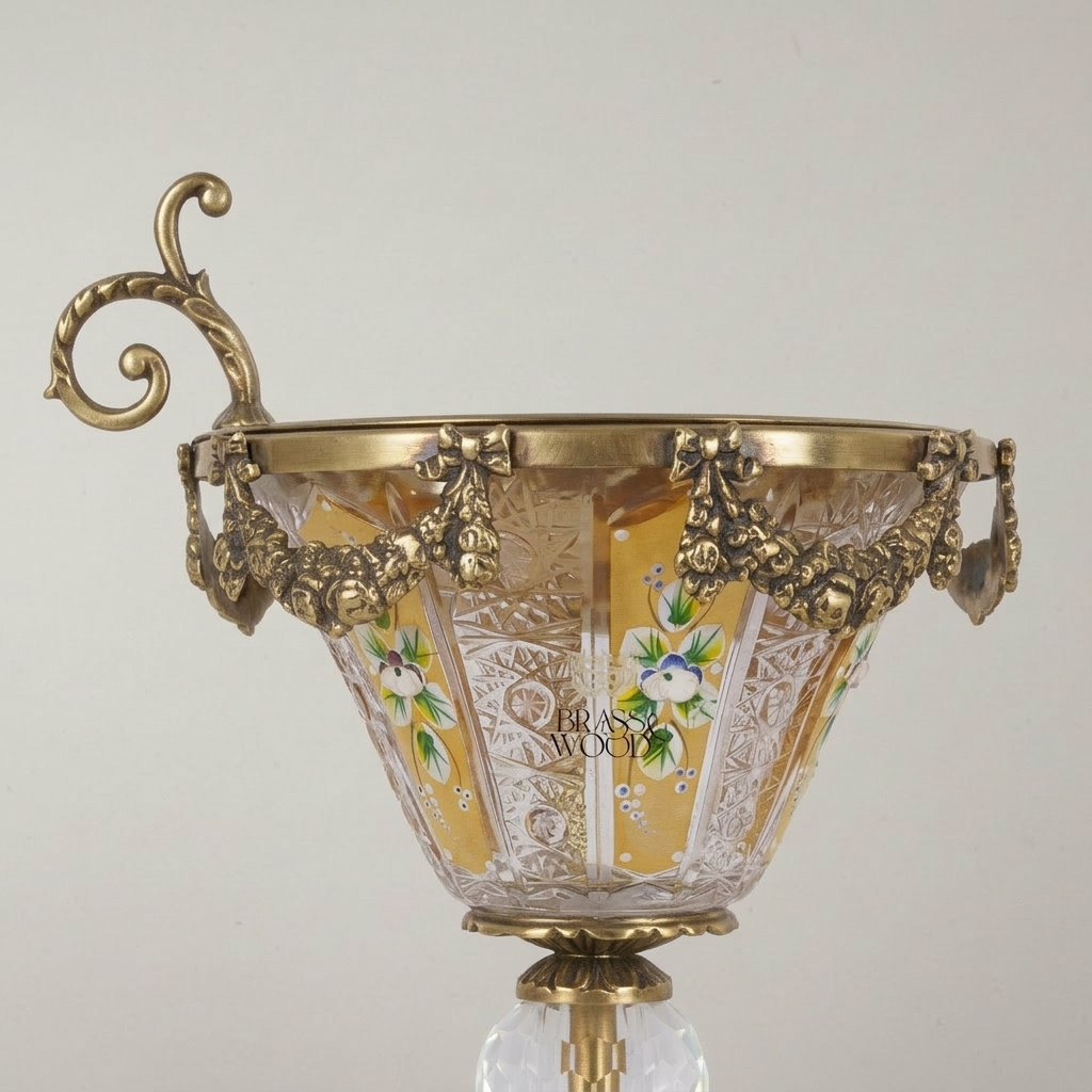 Rococo Hand-Painted Crystal Incense Burner with Floral Swag & Ornate Brass Pedestal — Antique Gold