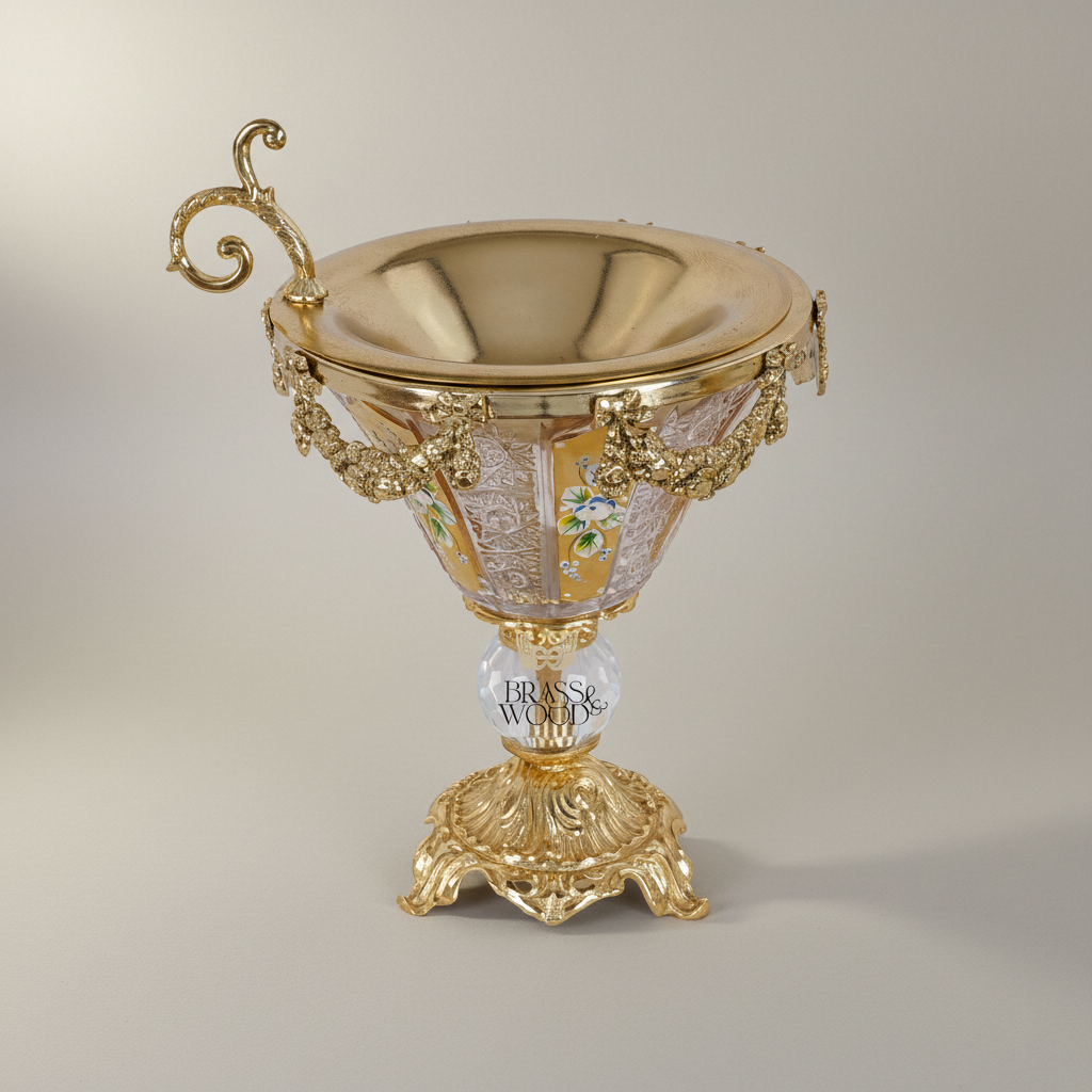 Rococo Hand-Painted Crystal Incense Burner with Floral Swag & Ornate Brass Pedestal — Gold