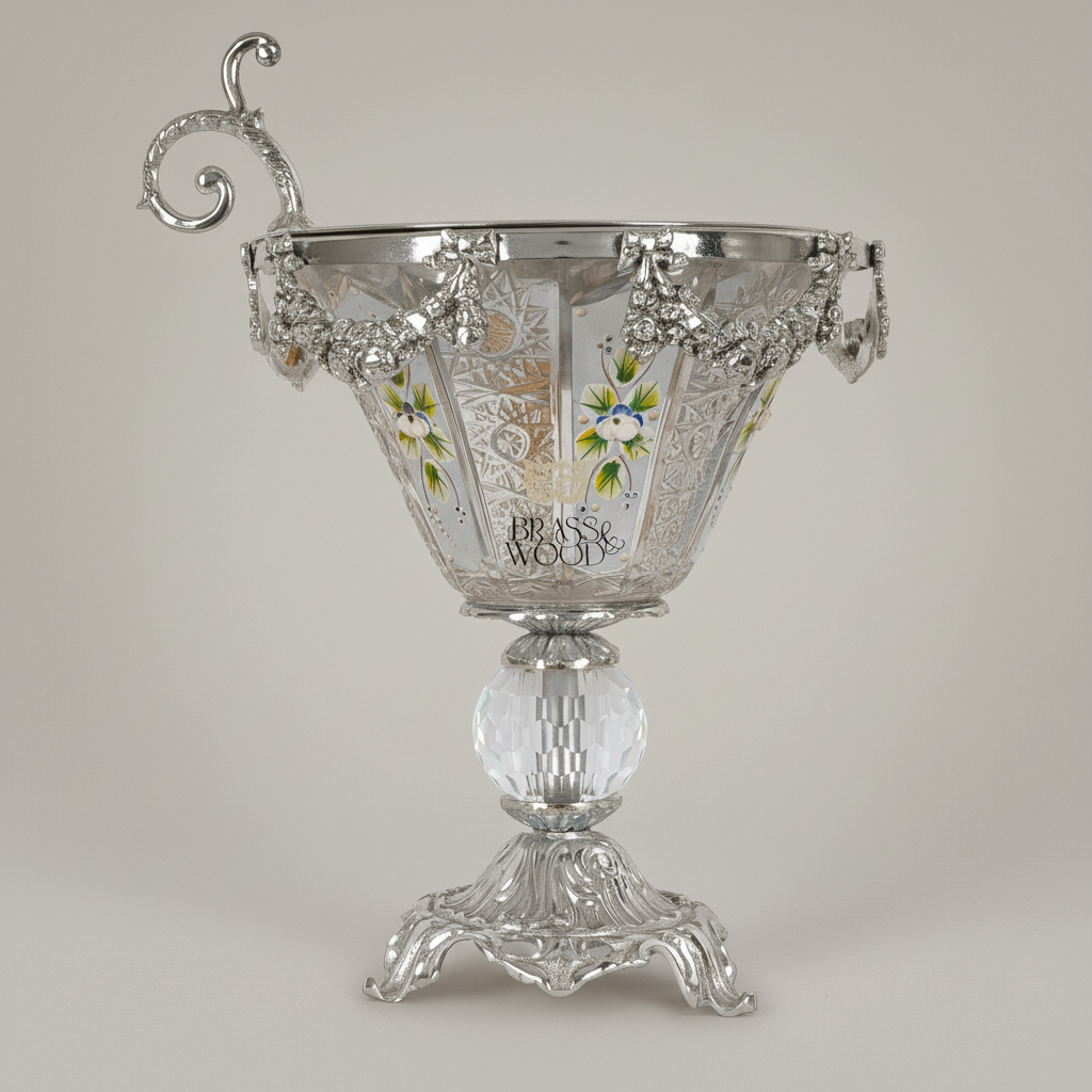 Rococo Hand-Painted Crystal Incense Burner with Floral Swag & Ornate Brass Pedestal — Silver